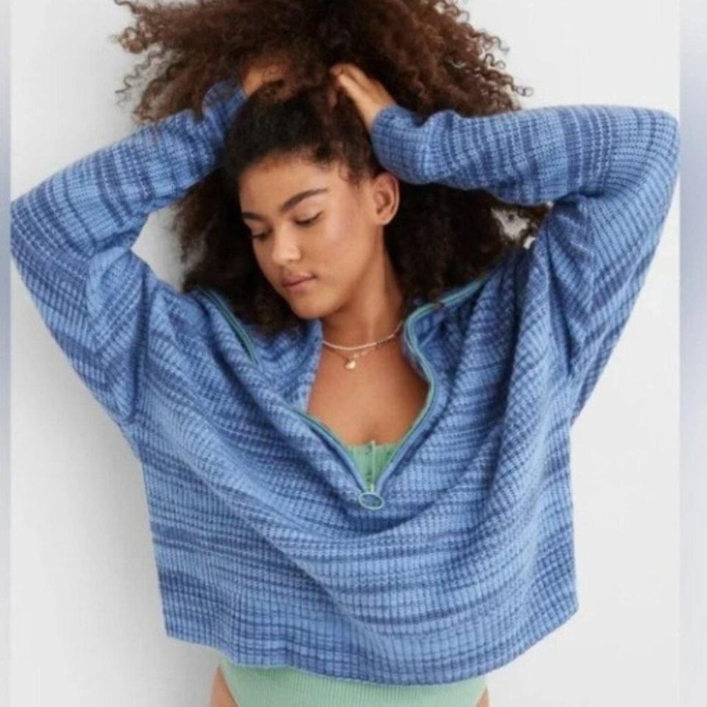 Aerie Blue Striped Quarter Zip Ribbed Knit Cropped Sweater Pullover Retro Boho